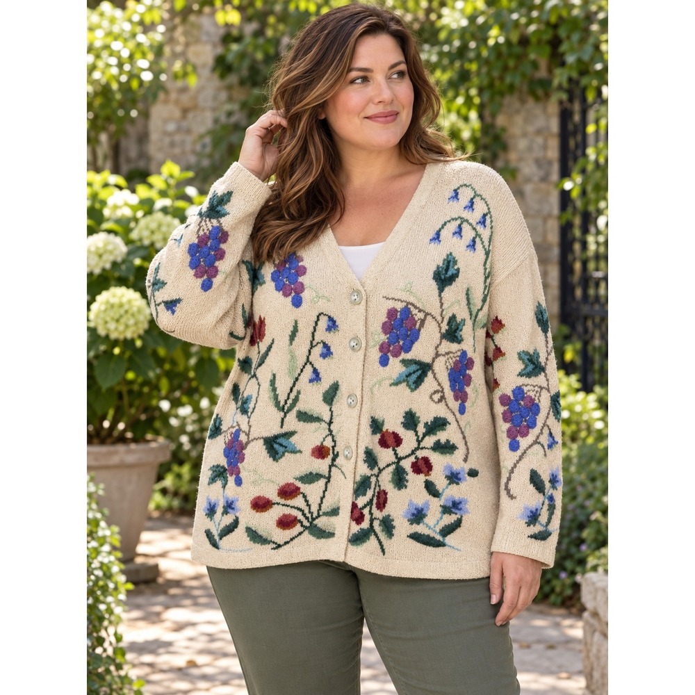 Talbots Vintage Floral Grape Intarsia Knit Cardigan Sweater Cream XL